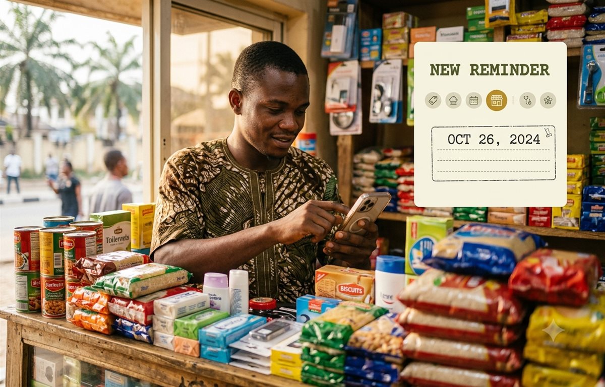 A Nigerian shop owner setting a new reminder on his phone at his provision store counter