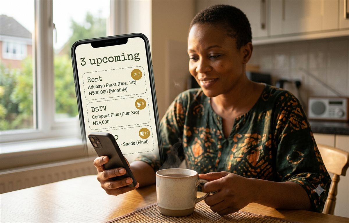 A Nigerian woman at her kitchen table checking her Rimemba dashboard on her phone, showing three upcoming reminders for rent, DSTV, and WAEC results