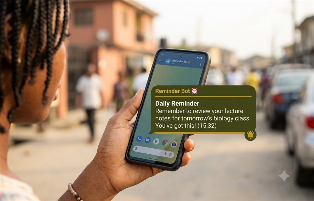 A young Nigerian woman checking a Rimemba reminder in Telegram on her phone, reminding her to review lecture notes for tomorrow's biology class
