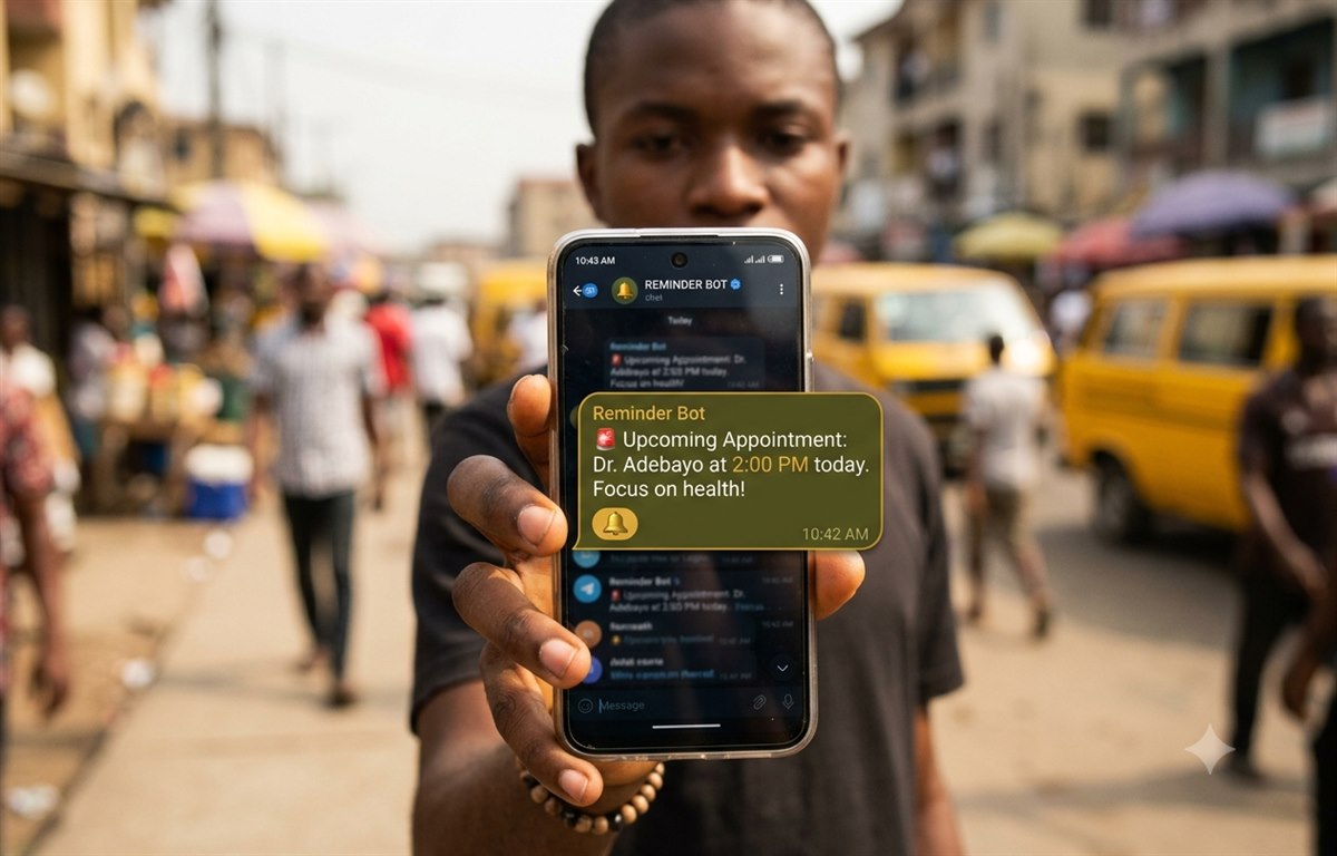 A young Nigerian man on a busy market street showing a Rimemba appointment reminder on his phone screen