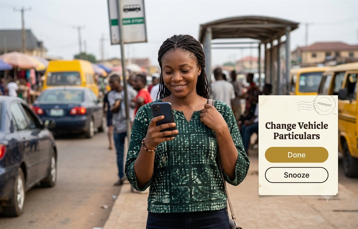 A Nigerian woman at a bus stop marking her vehicle particulars reminder as done or snoozing it on her phone